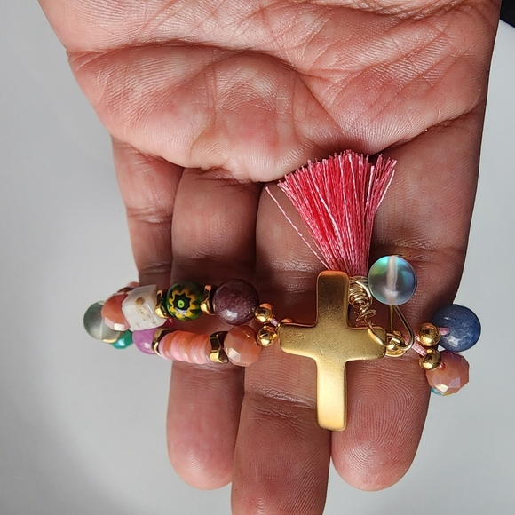 Handmade Jewelry - Vibrant Gold Cross Bracelet with Multicolor Beads
